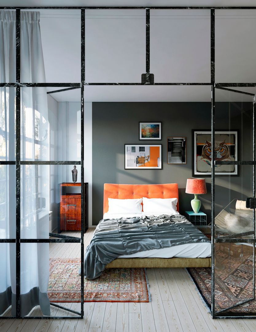 Atrevido Ático para Soltera en Colores Blanco, Negro y Naranja, Artur Akopov Artur Akopov Scandinavian style bedroom