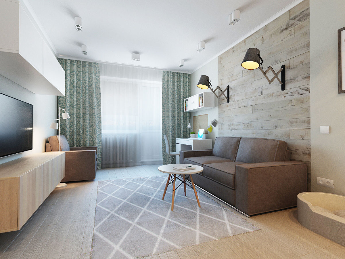 Квартира для молодой девушки, Ekaterina Donde Design Ekaterina Donde Design Ruang Keluarga Gaya Skandinavia