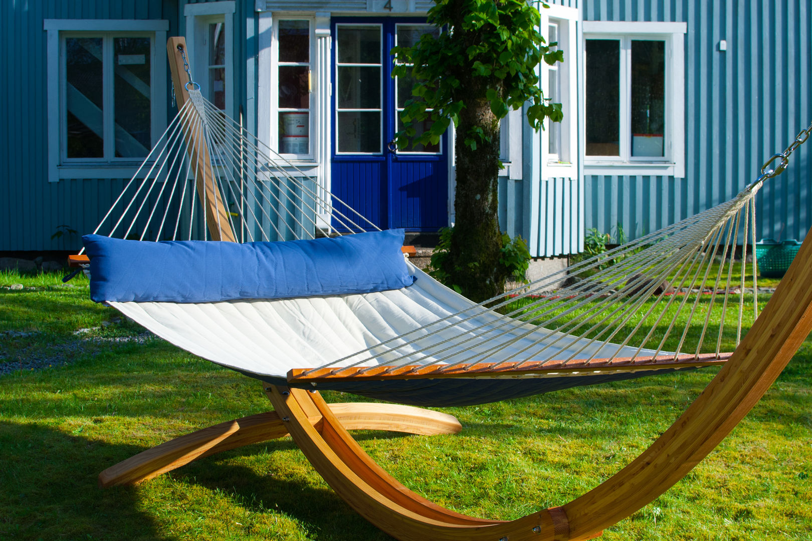 Blue and Cream Reversible Double Padded Hammock Emilyhannah Ltd Scandinavian style gardens Furniture