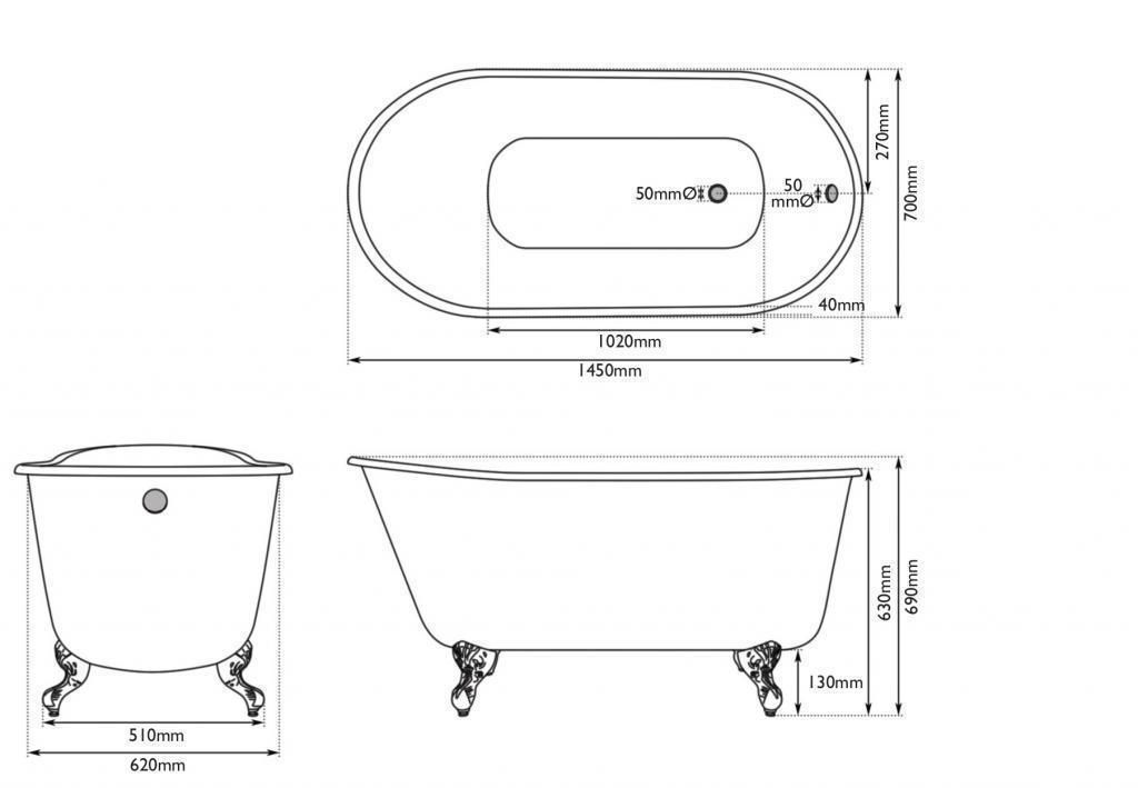 Dimensions of the Lille Cast Iron Bath from the UKAA Bathroom Range UKAA | UK Architectural Antiques