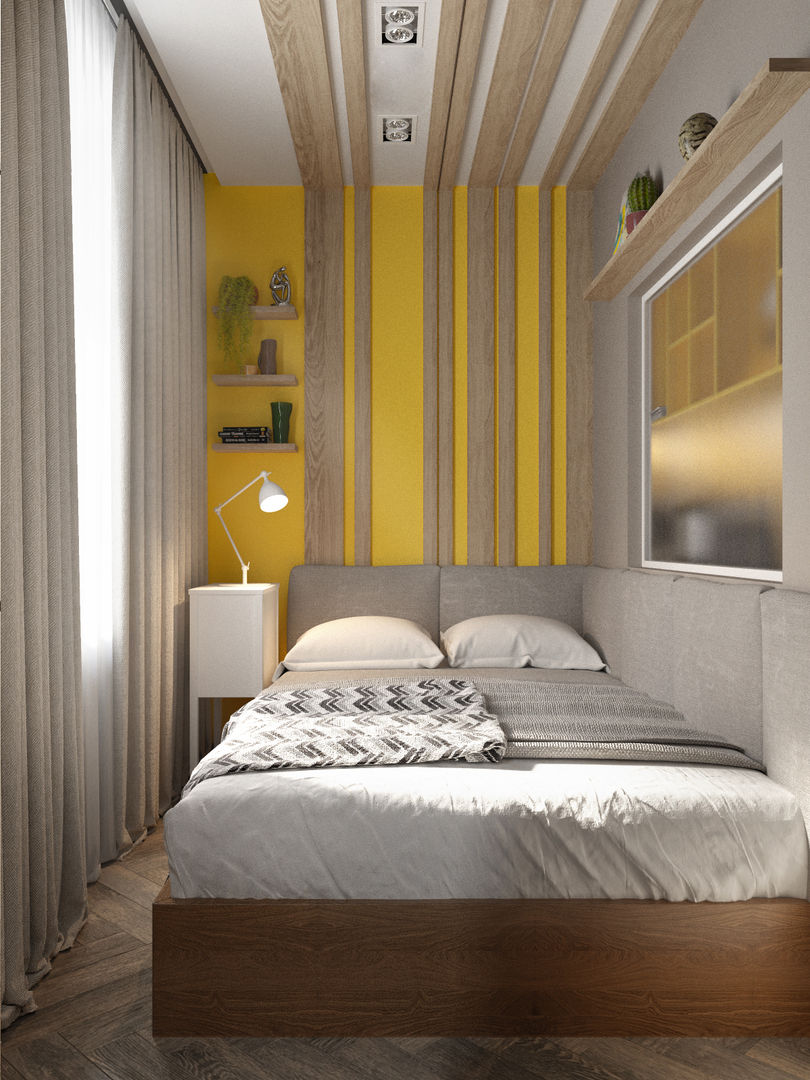 An apartment of 38 square meters in Edalgo residential complex in Moscow, WOWROOM design studio WOWROOM design studio Minimalist bedroom