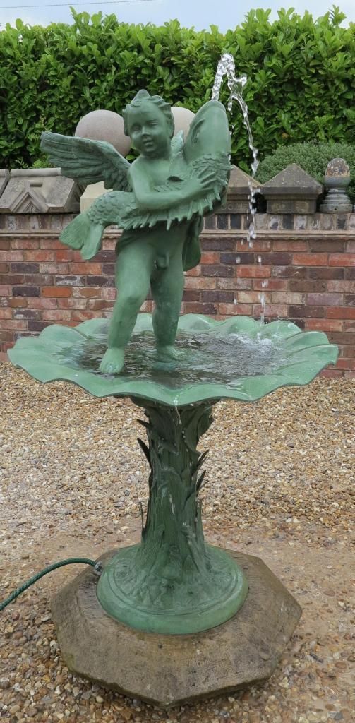 Vintage Bronze Fountain with Cherub and Fish on Stone Base UKAA | UK Architectural Antiques สวน สระว่ายน้ำและบ่อน้ำ