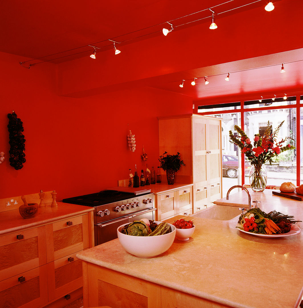 Quilted Maple Kitchen with Red Wall designed and made by Tim Wood Tim Wood Limited Modern kitchen