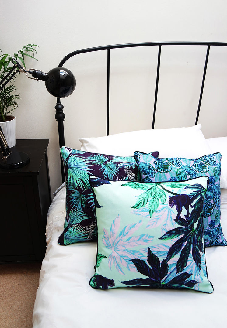 Puma Palm Mint Cushion, Zebra Fan Navy Cushion, Feather Leaf Lilac Cushion Righteous Raven غرفة نوم أقمشة و منسوجات