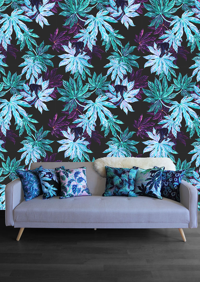 Puma Palm Wallpaper and cushion collection Righteous Raven Eclectic style bedroom Textiles