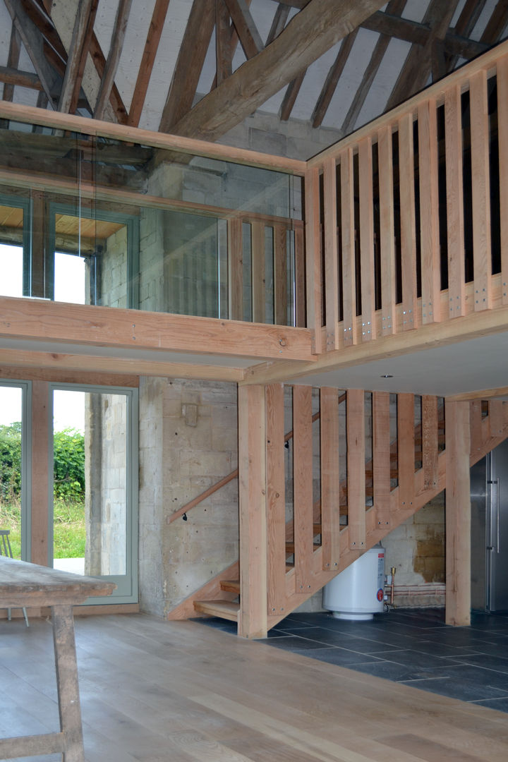 Timber and glass mezzanine Hetreed Ross Architects Country style corridor, hallway& stairs