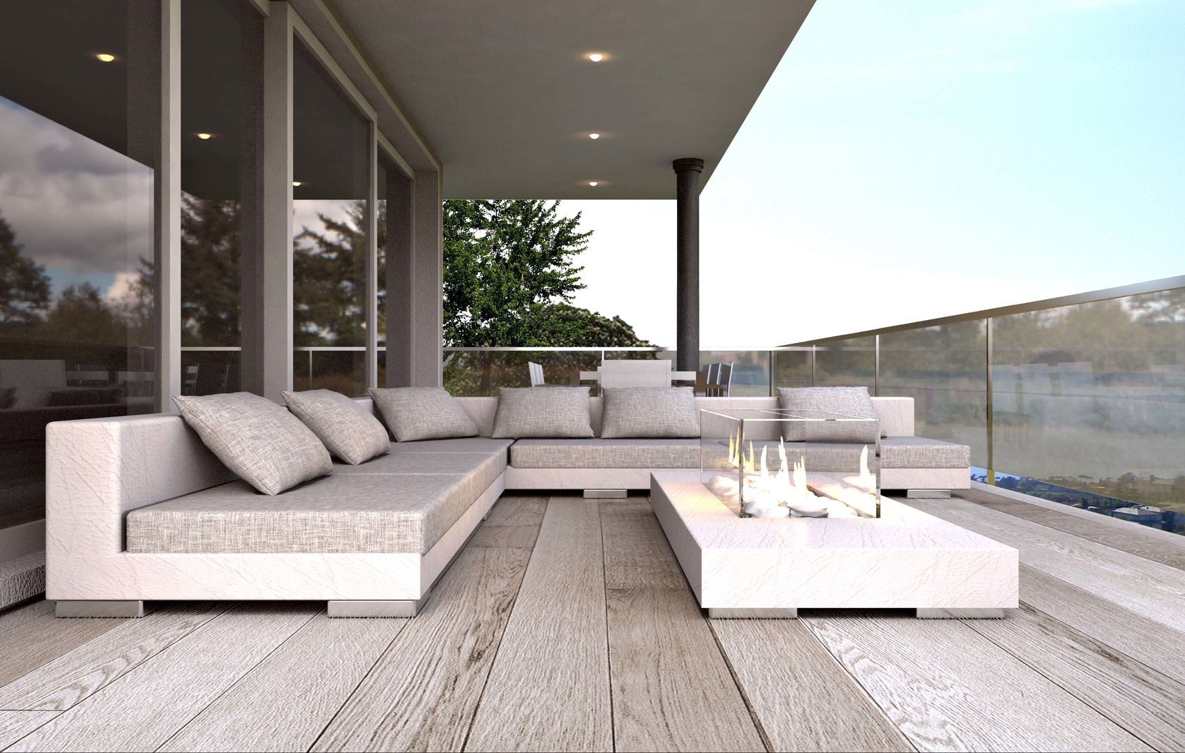 render zona terrazzo ARTREADY Balcone, Veranda & Terrazza in stile moderno Cielo,Ombra,Legna,Architettura,Costruzione,Interior design,Pavimentazione,Pavimento,Salotto,Immobiliare