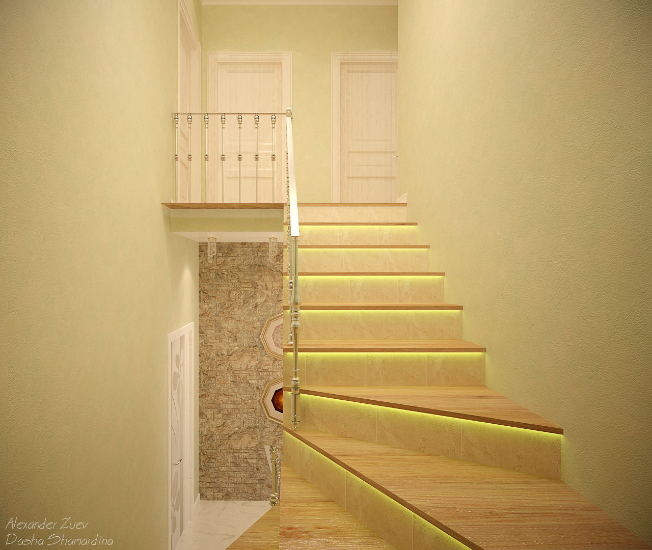 Дизайн лестницы в современном стиле в коттеджном поселке "Виктория" , Студия интерьерного дизайна happy.design Студия интерьерного дизайна happy.design Modern corridor, hallway & stairs