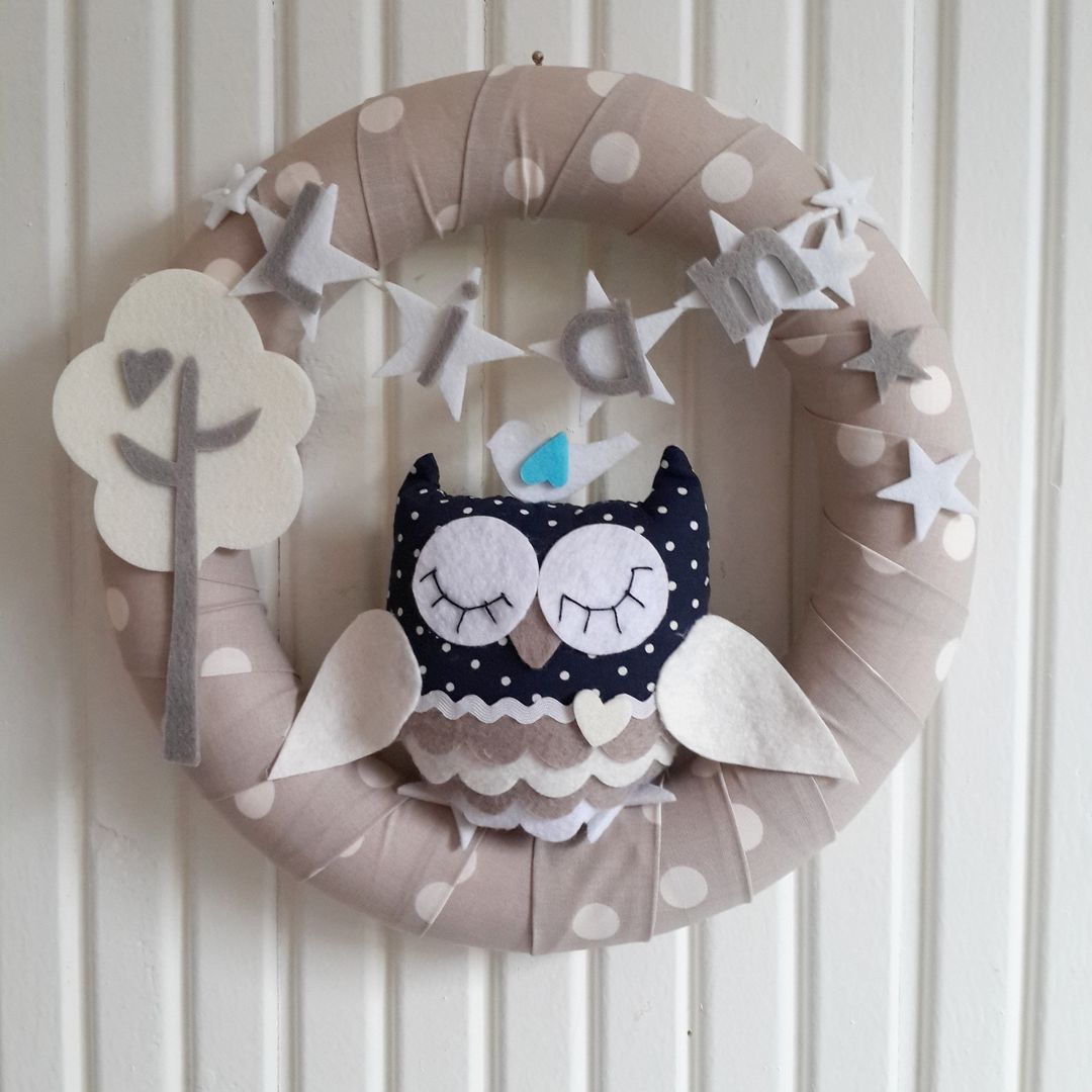 Owl and Star Tree, Pastel Colors, For Baby Boy Door Wreath, Milkybrown-White Polka Dots Sesiber Nursery/kid’s room Accessories & decoration