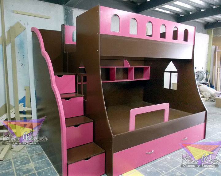 Litera juvenil chocolate con fresa Kids World- Recamaras, literas y muebles para niños Habitaciones modernas Camas y cabeceros
