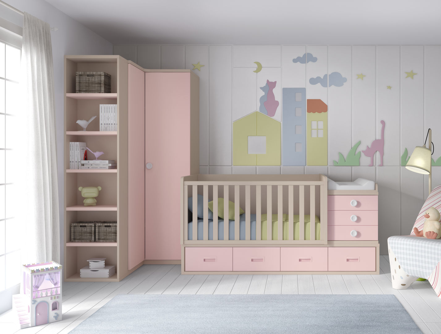 03.- Dormitorio infantil con cuna convertible Muebles MECA Dormitorios de estilo moderno Armarios y cómodas