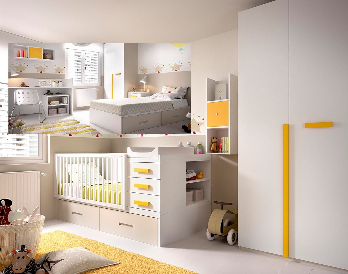 04.- Dormitorio infantil con cuna convertible Muebles MECA Dormitorios de estilo moderno Camas y cabeceros