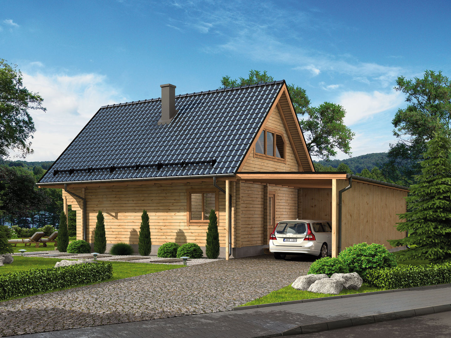 Ferienhaus Fjord mit Carport Vorderseite THULE Blockhaus GmbH - Ihr Fertigbausatz für ein Holzhaus Rustikale Häuser
