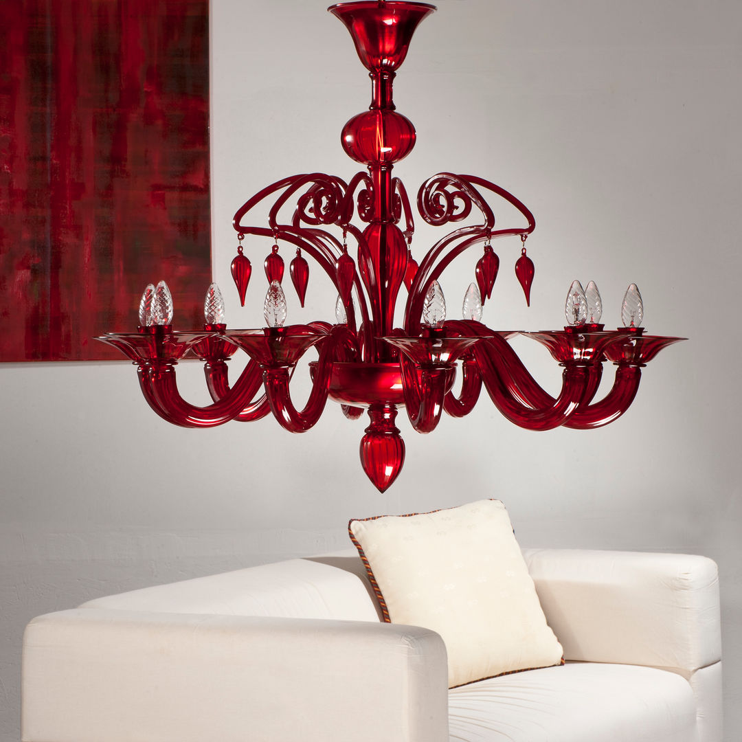 DOLFIN - modern red glass chandelier, YourMurano Lighting YourMurano Lighting Salas de estar modernas Vidro Iluminação