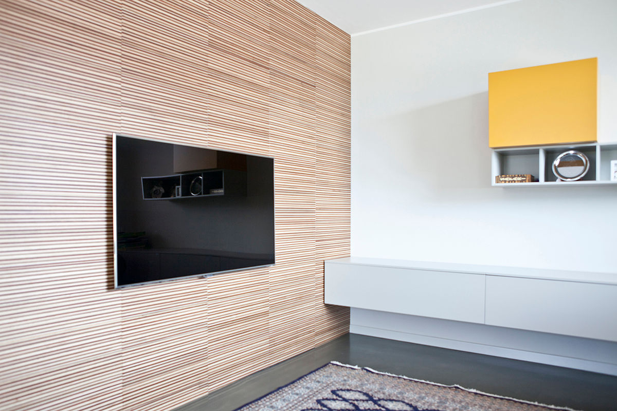 Rivestimento pareti con quadrotte "mille righe": Ogni segno di giuntura, Semplicemente Legno Semplicemente Legno Modern living room Wood Wood effect