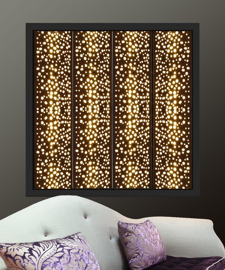 Black window shutters with lights in perforated circles design Mirror & Light Shutters モダンな 窓&ドア 金属 ブラインド＆シャッター