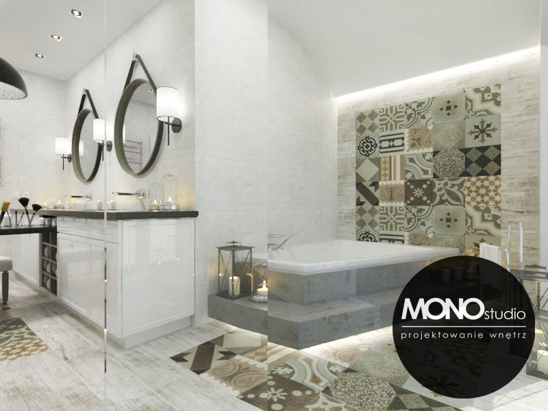 Klasyczna elegancja w stonowanej kolorystyce, MONOstudio MONOstudio Phòng tắm phong cách Bắc Âu Gỗ-nhựa composite