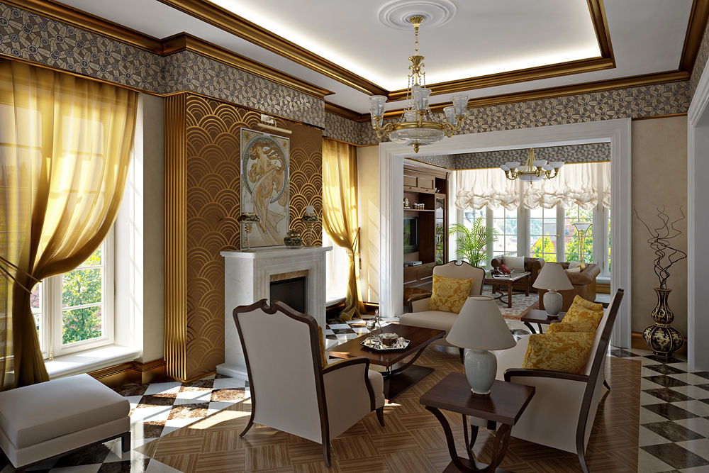 Living room in Art Deco style., Design studio of Stanislav Orekhov. ARCHITECTURE / INTERIOR DESIGN / VISUALIZATION. Design studio of Stanislav Orekhov. ARCHITECTURE / INTERIOR DESIGN / VISUALIZATION. Livings modernos: Ideas, imágenes y decoración