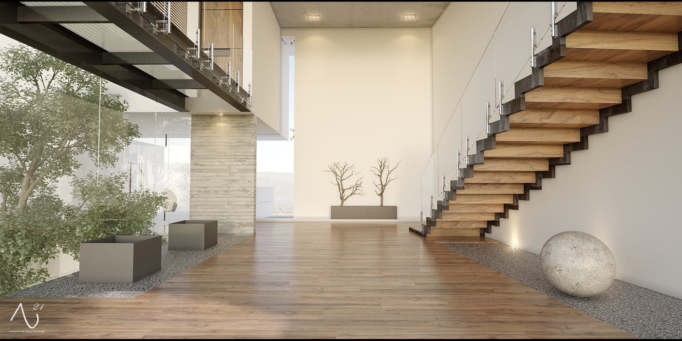 Casa Paseos del Bosque, 21arquitectos 21arquitectos Minimalist corridor, hallway & stairs