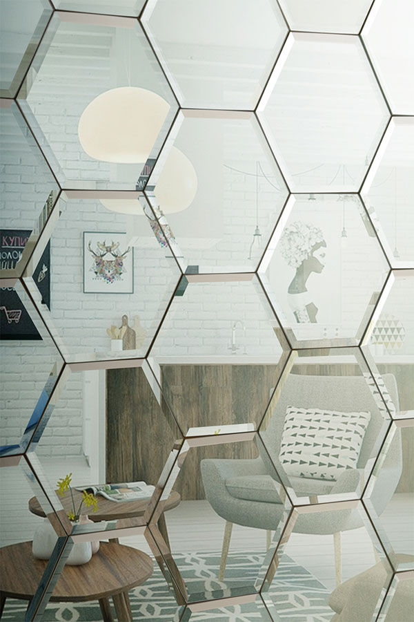Hexagonal Silver Mirrored Bevelled Wall Tiles My Furniture モダンデザインの リビング アクセサリー＆デコレーション