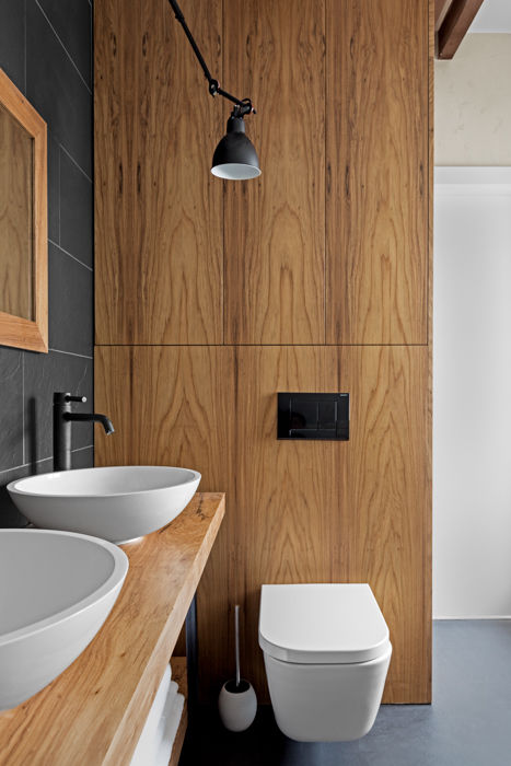 Minimalist, simple lake house design by OIKOI homify Scandinavian style bathroom Wood Wood effect