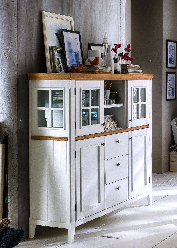 Highboard Malin 3-türig Kommode Anrichte Landhausmöbel Weiß Natur