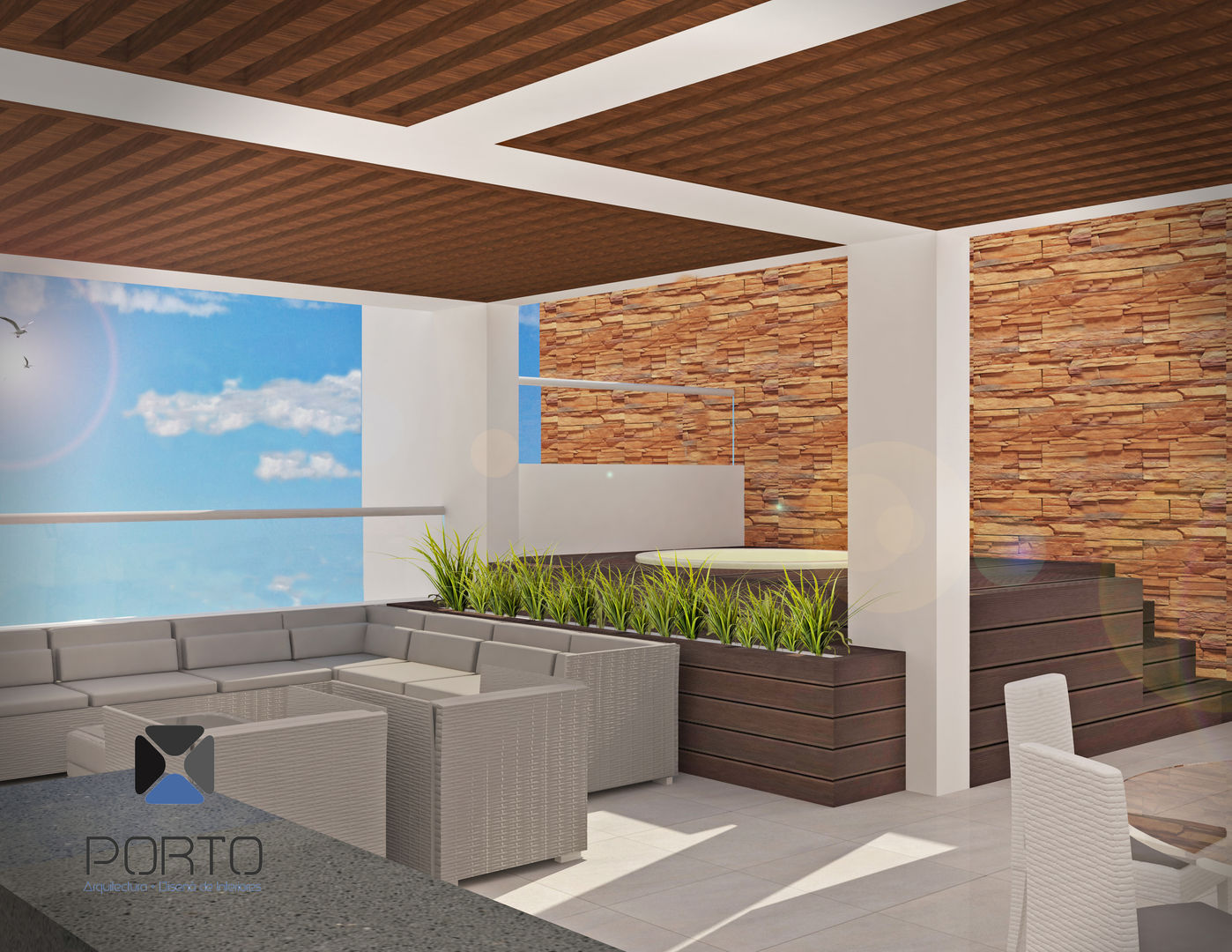 Proyecto "Penthouse Yucatan Country Club”, PORTO Arquitectura + Diseño de Interiores PORTO Arquitectura + Diseño de Interiores Balcones y terrazas eclécticos
