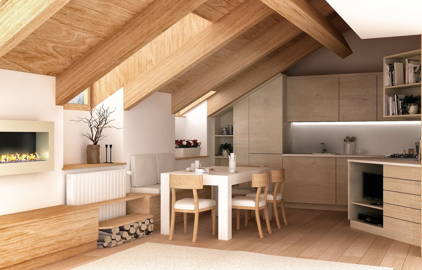 Zona giorno sottotetto homify Soggiorno in stile rustico Legno Effetto legno mansarda,travi in legno,legno,parquet,illuminazione a LED,cucina,legna,asiago