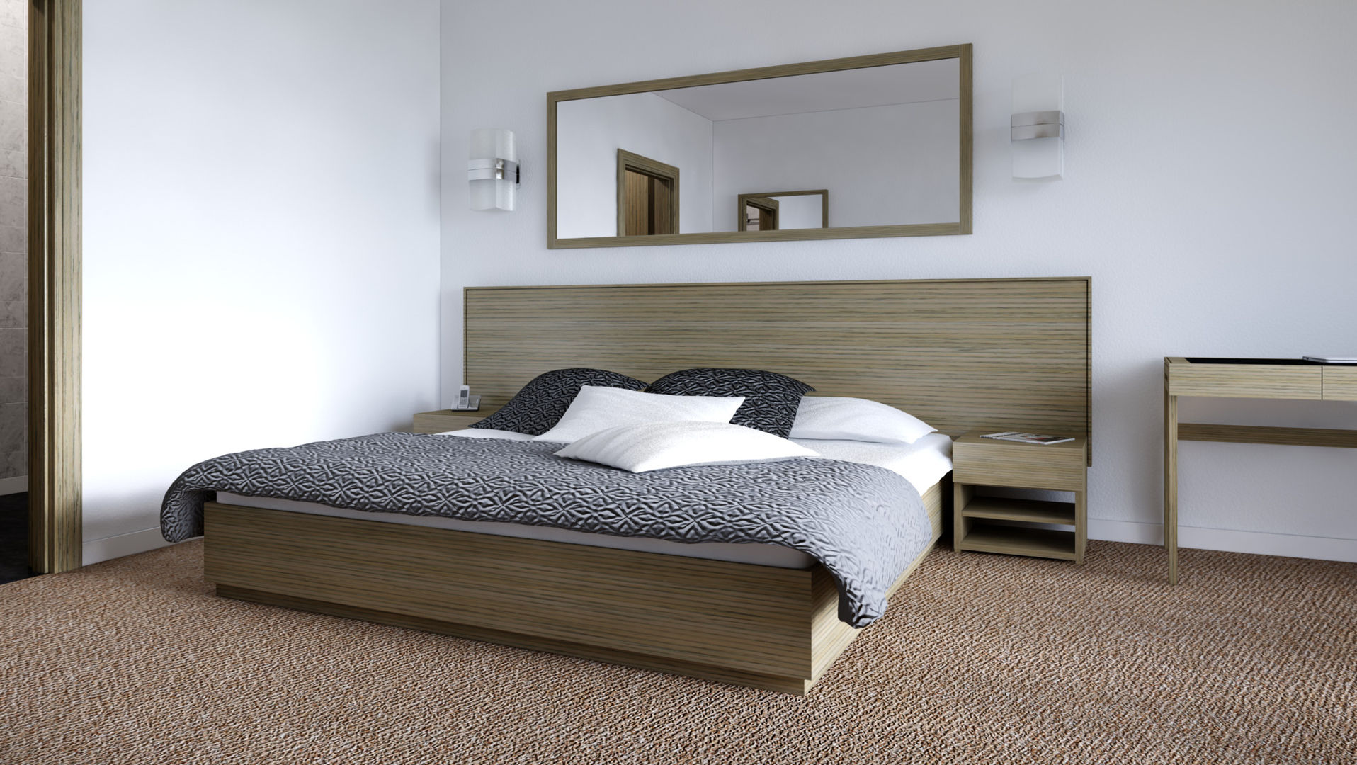 Cama, Cabecera y Buró diesco Cuartos de estilo moderno Compuestos de madera y plástico Camas y cabeceras