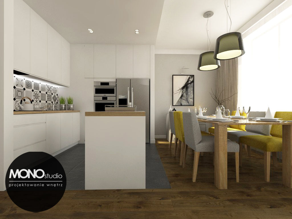 Nowoczesna otwarta na salon kuchnia w minimalistycznym charakterze z dodatkiem ciepłego drewna i koloru, MONOstudio MONOstudio Cocinas modernas Compuestos de madera y plástico