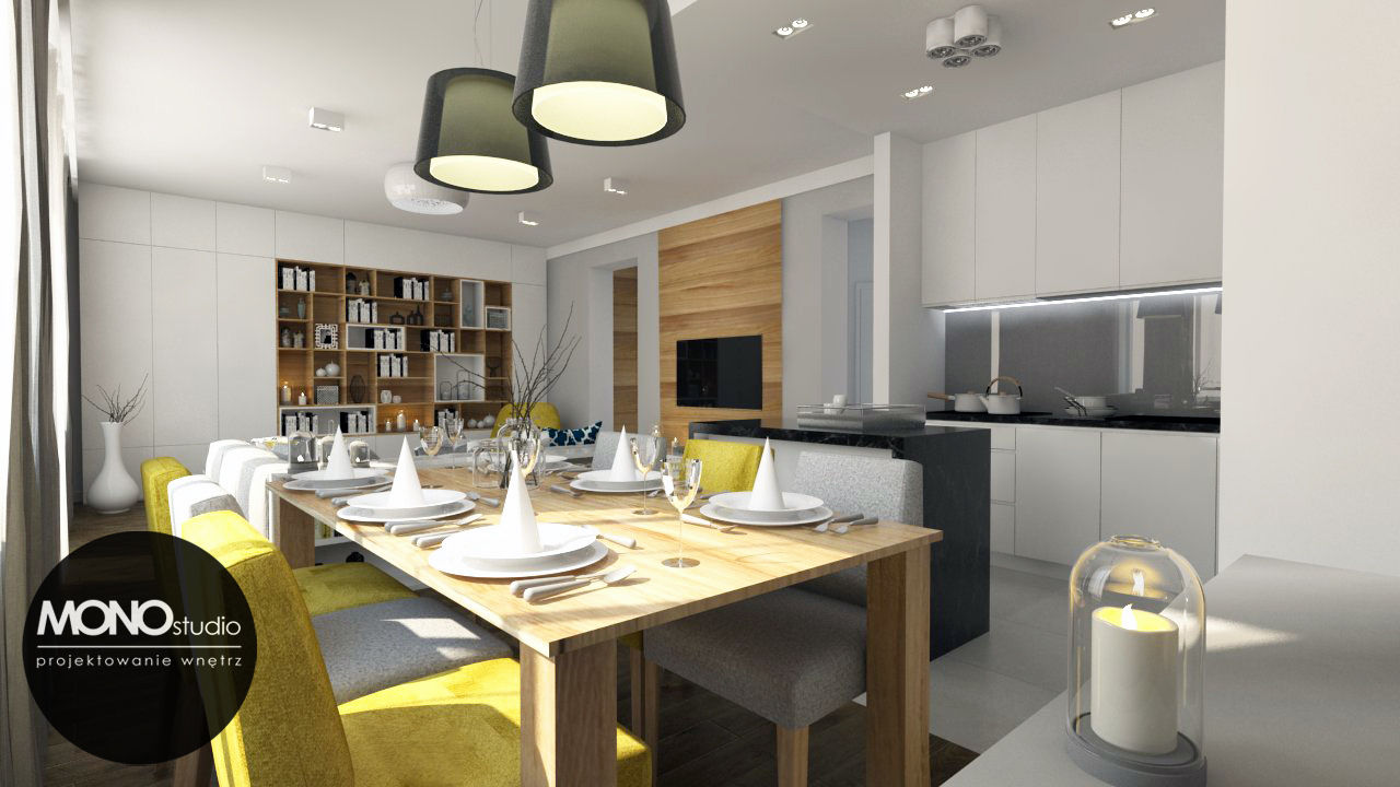 Nowoczesna otwarta na salon kuchnia w minimalistycznym charakterze z dodatkiem ciepłego drewna i koloru, MONOstudio MONOstudio Cocinas de estilo moderno Compuestos de madera y plástico