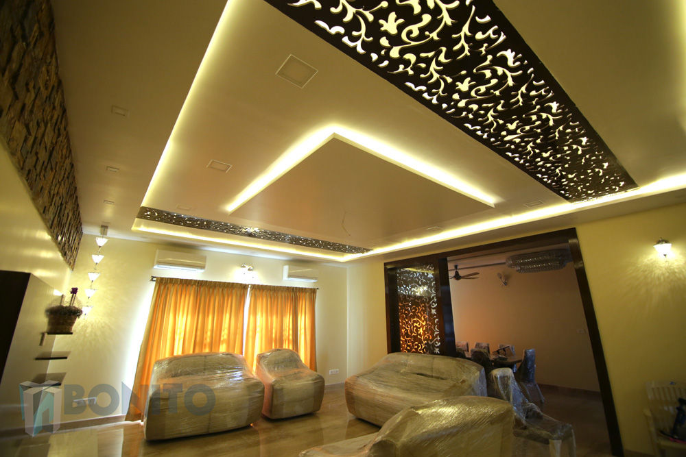 Living false ceiling design with CNC pattern homify Asian style walls & floors