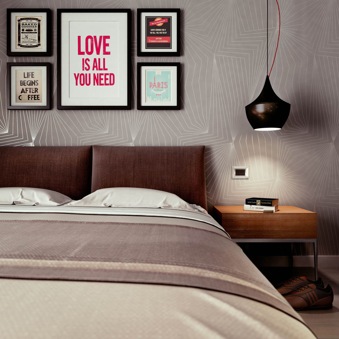 Interior render Visual4d - Rendering&Multimedia Camera da letto minimalista Letti e testate