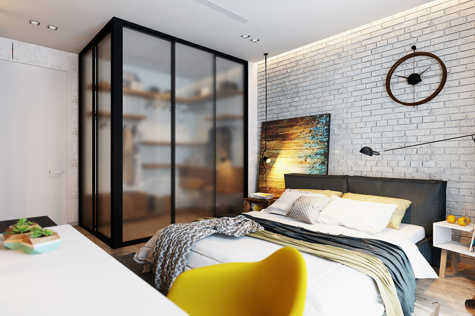 Спальня с элементами лофта и яркими акцентами, Solo Design Studio Solo Design Studio Industrial style bedroom Glass