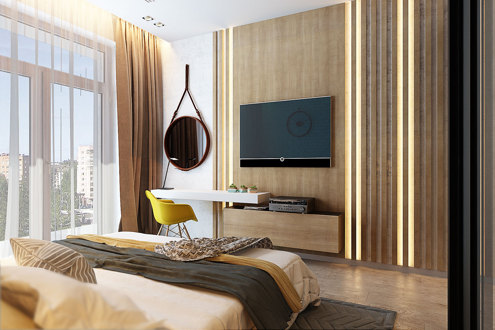 Спальня с элементами лофта и яркими акцентами, Solo Design Studio Solo Design Studio Bedroom لکڑی Wood effect