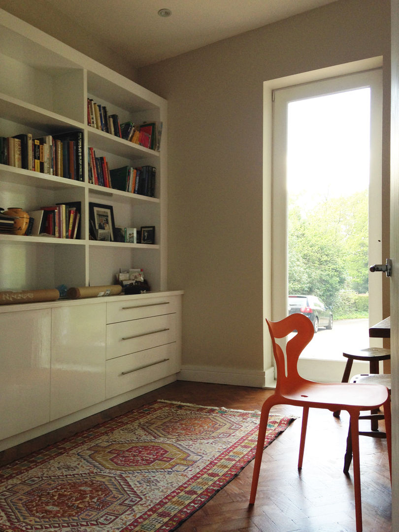 The Study featuring Parquet Floor and Full Height Glazing ArchitectureLIVE Oficinas y bibliotecas de estilo moderno tall window,orange chair,parquet flooring,persian rug