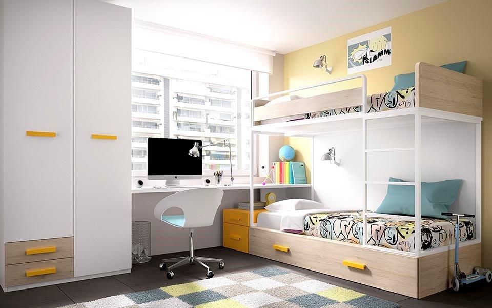 Dormitorio blanco y amarillo con literas Casasola Decor Dormitorios de estilo moderno