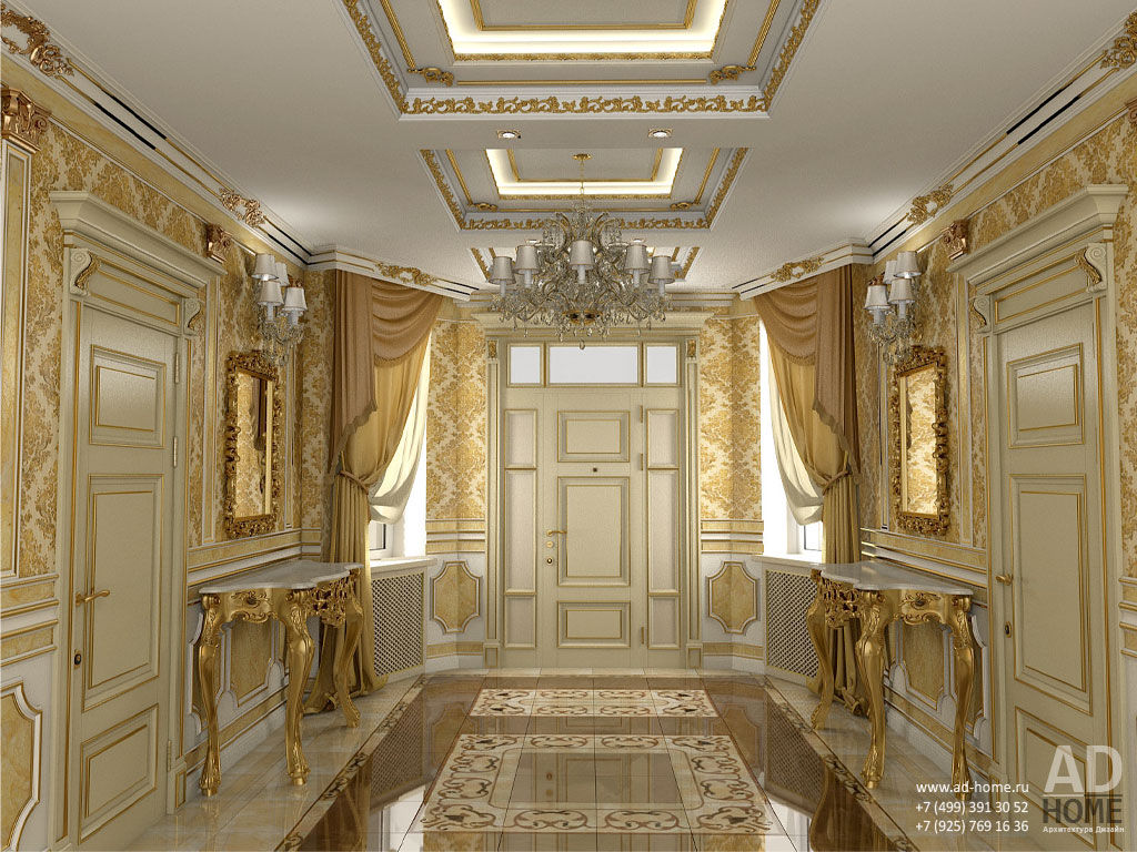 Дизайн интерьера холла в доме в классическом стиле , 370 кв. м в, Московская область Ad-home Коридор, прихожая и лестница в классическом стиле