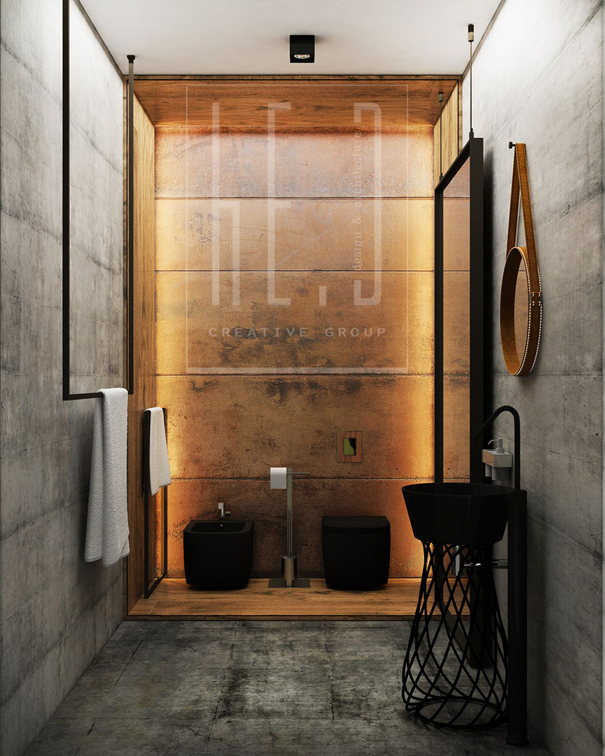 H7, he.d group he.d group Industrial style bathroom Copper/Bronze/Brass