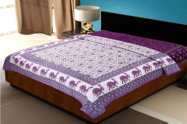Purple Rajasthani Camel Border Flower Print Cotton AC Double Bed Quilt Jaipur Fabric Classic style bedroom Beds & headboards
