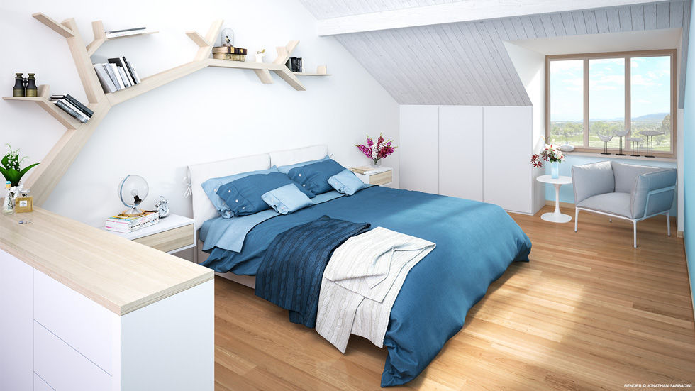 Ristrutturazione di un vecchio mulino a Jussy, Jonathan Sabbadini Jonathan Sabbadini Scandinavian style bedroom Wood Wood effect