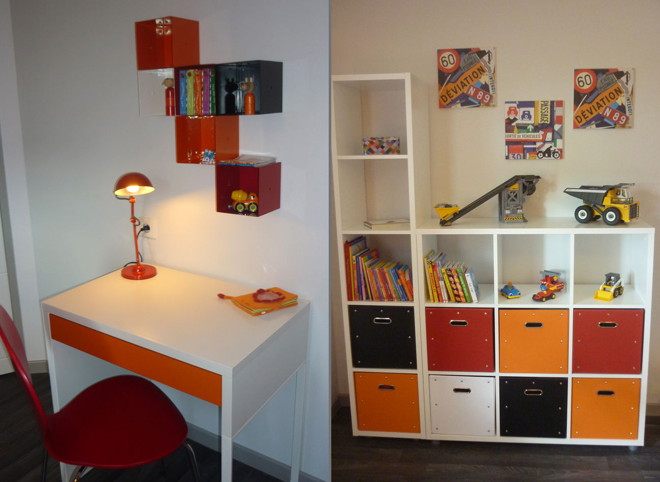 UNE CHAMBRE DE P'TIT MEC, UN AMOUR DE MAISON UN AMOUR DE MAISON Chambre d'enfant moderne Meubles,Étagère,Table,Rayonnage,Design d&#39;intérieur,Orange,Bois,Ébénisterie,Bibliothèque,Bureau