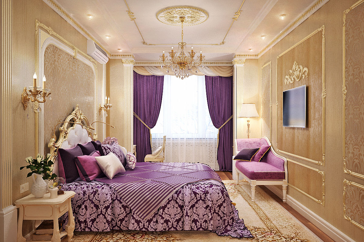 Фиолетовое настроение для спальни в классическом стиле, Студия дизайна ROMANIUK DESIGN Студия дизайна ROMANIUK DESIGN غرفة نوم