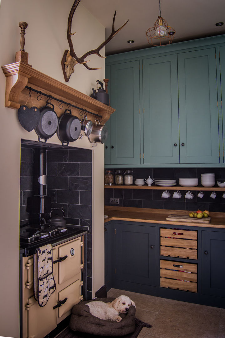 Cotswold Chapel Kitchen homify Kırsal Mutfak Masif Ahşap Rengarenk shaker style,oak cabinets,oak worktop,open shelving,oak shelving,farrow & ball,chappell green,down pipe,slate splashback,rayburn,rail,oak crate