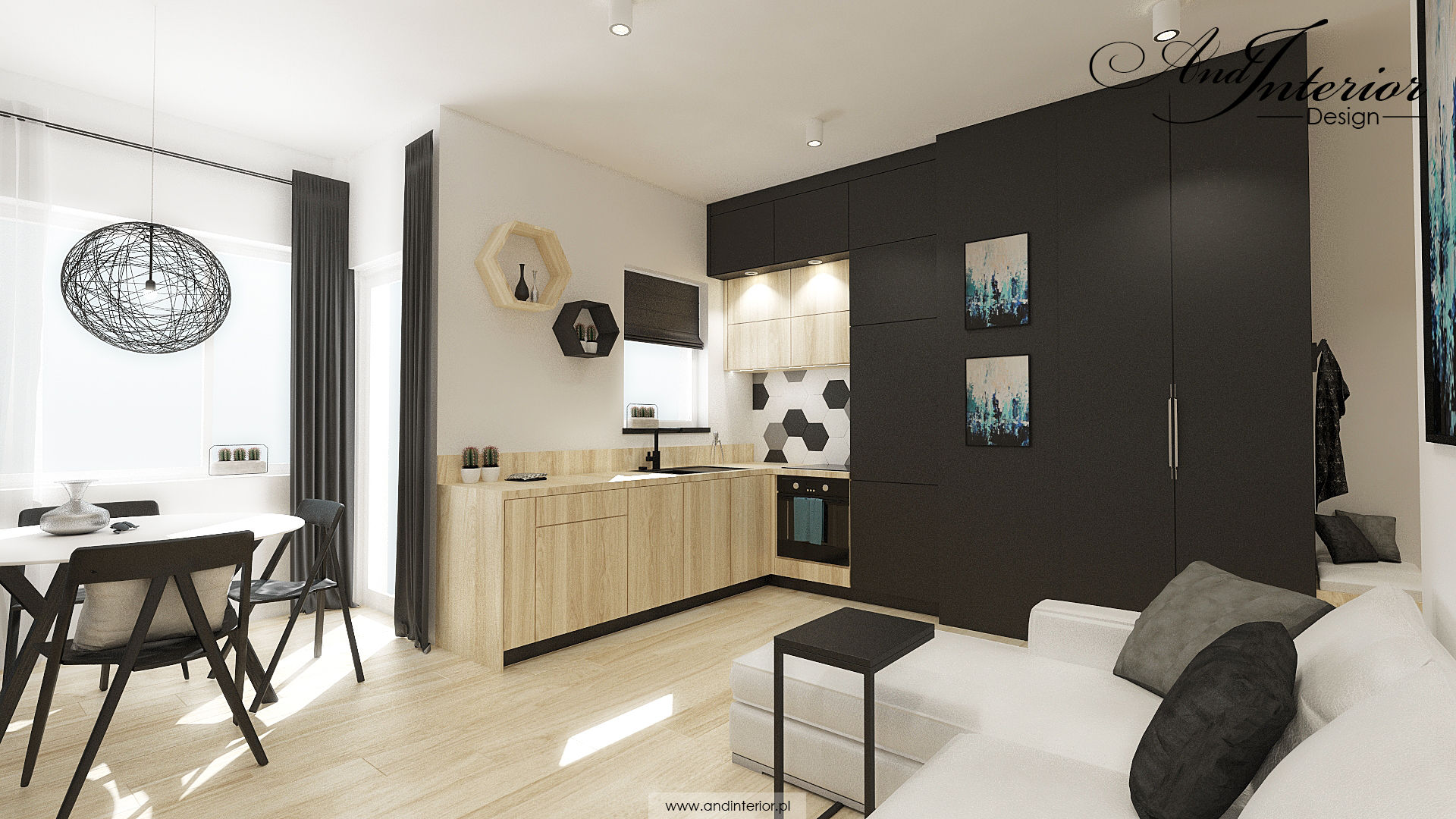 Projekt wnętrza kawalerki na wynajem, And Interior Design And Interior Design مطبخ