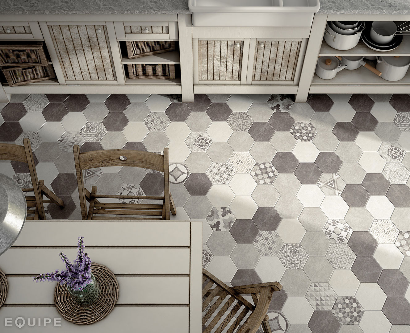 Hexatile Cement White, Grey, Black, Decor Garden Grey 17,5x20 Equipe Ceramicas Comedores de estilo rústico