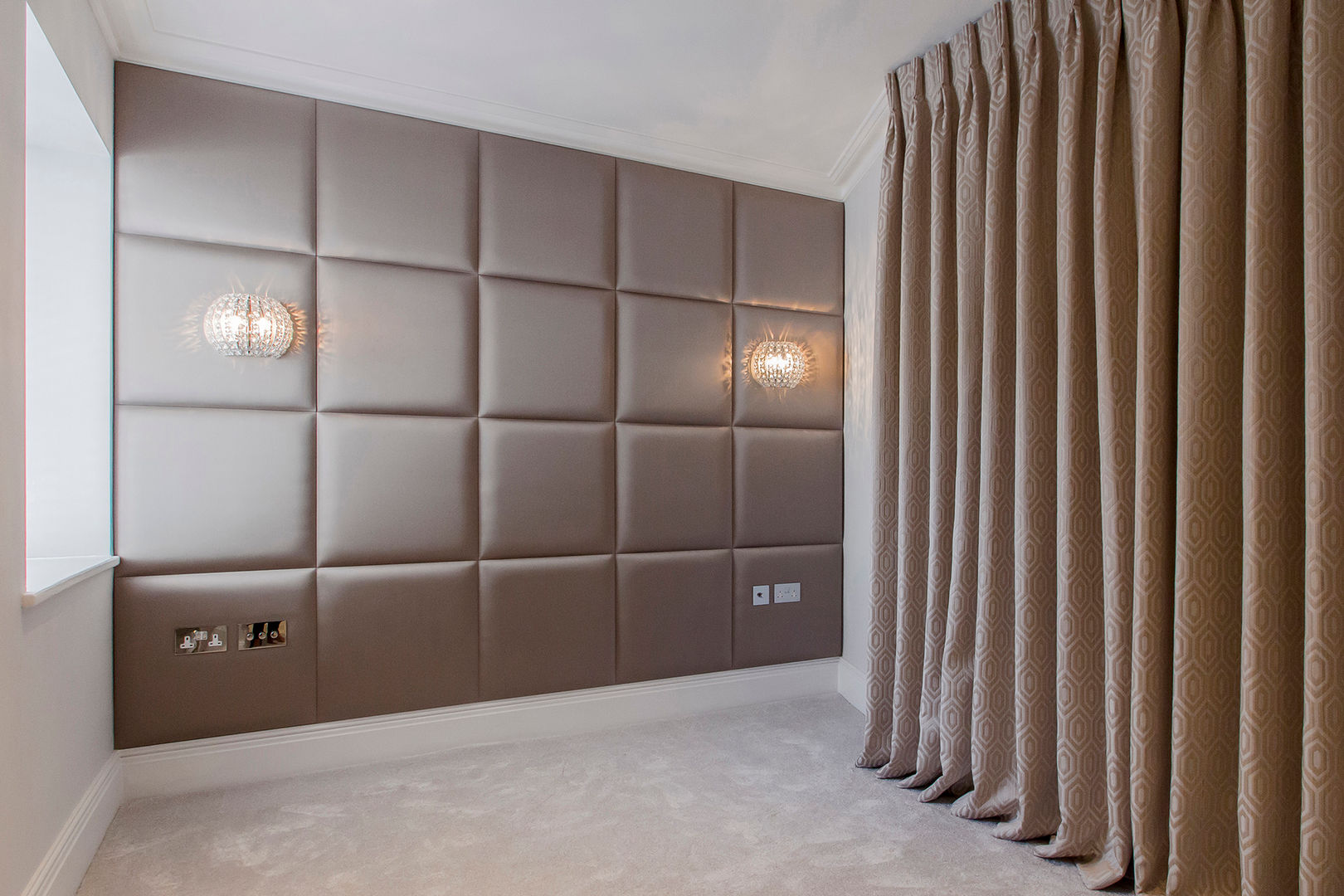 Upholstered padded panels with fitted lights and sockets Mille Couleurs London غرفة نوم upholstery,upholstered panels,panels,padded panels,upholstered walls,bedroom