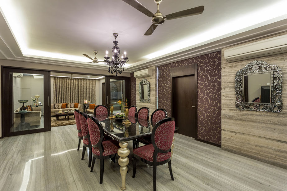 Kumar Residence, Spaces and Design Spaces and Design Modern dining room Picture frame,Property,Building,Wood,Lighting,Interior design,Ceiling fan,Chair,Hall,Floor