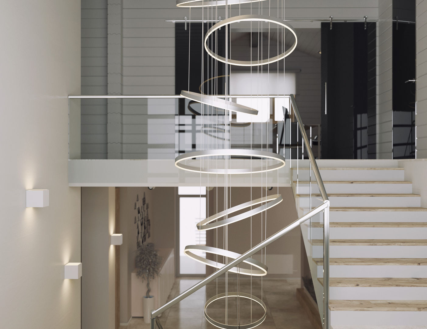 homify Minimalist corridor, hallway & stairs Iron/Steel Lighting