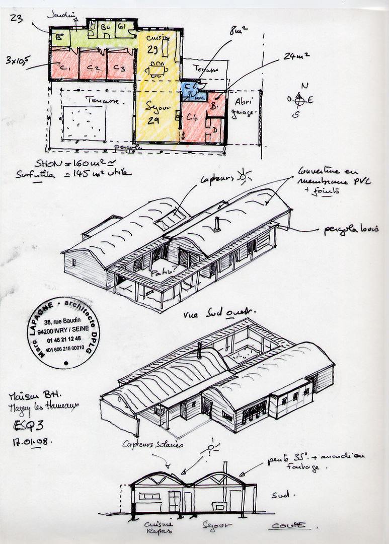 Le plan et les axonométries au stade esquisse. Atelier d'Architecture Marc Lafagne, architecte dplg